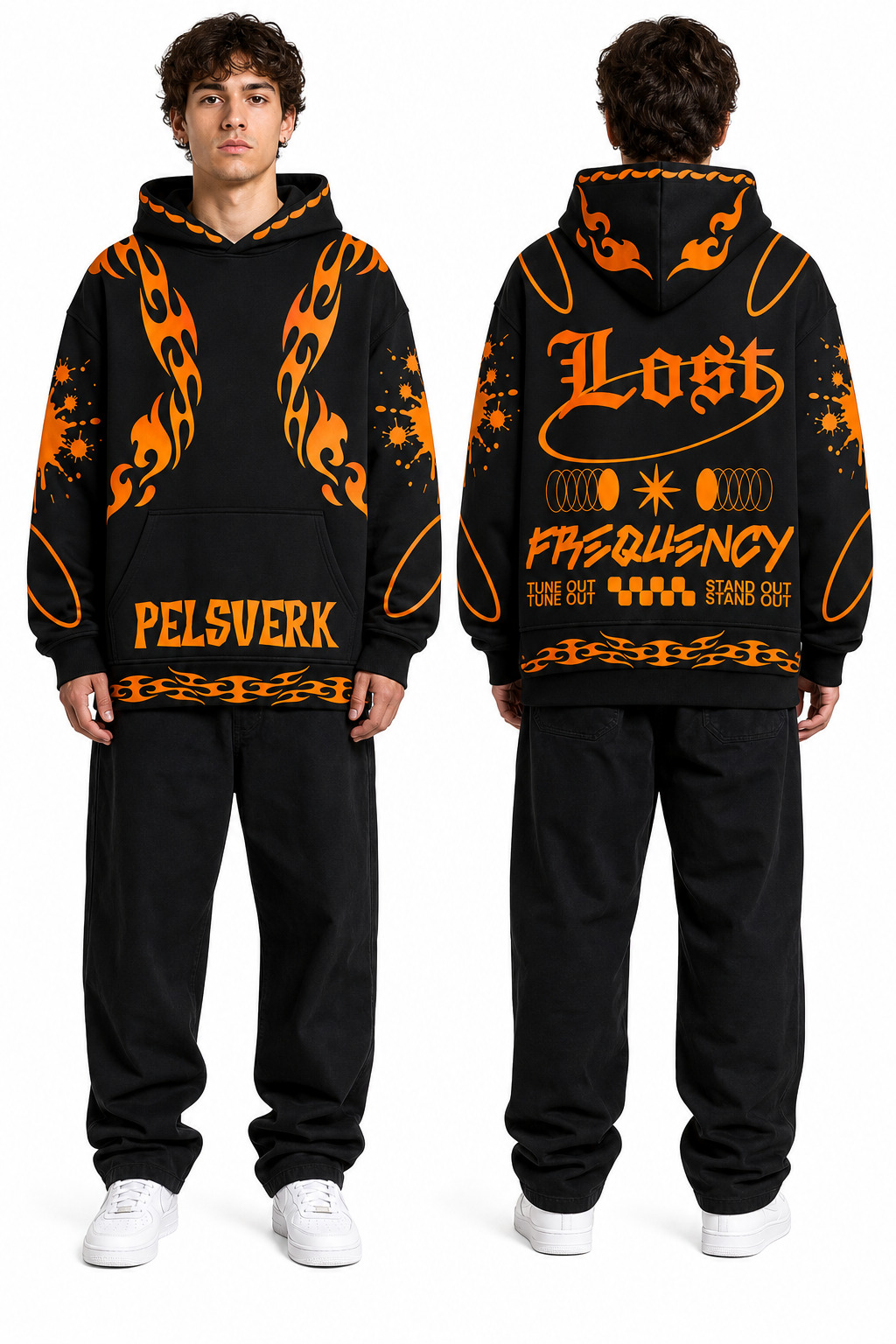 Black, Brown, and Orange Unisex Graphic Pullover Hoodie - Style 12 shown as front and back product views on a clean white catalog background