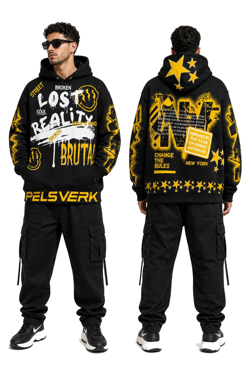Black, Brown, and Gold Unisex Graphic Pullover Hoodie - Style 27 shown as front and back product views on a clean white catalog background