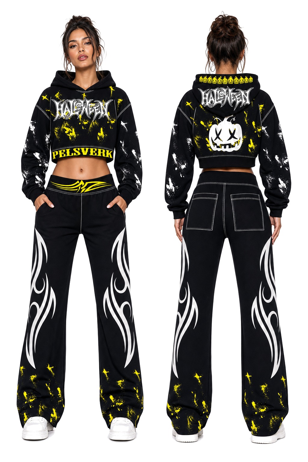 Black and Brown Women's Streetwear Tracksuit Set - Style 05 shown as front and back product views on a clean white catalog background