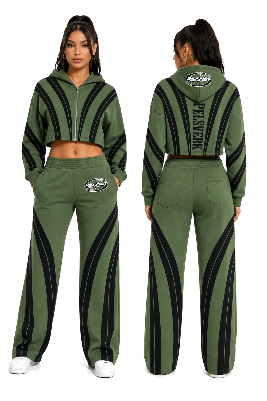 Black and Forest Green Women's Streetwear Tracksuit Set - Style 03 shown as front and back product views on a clean white catalog background
