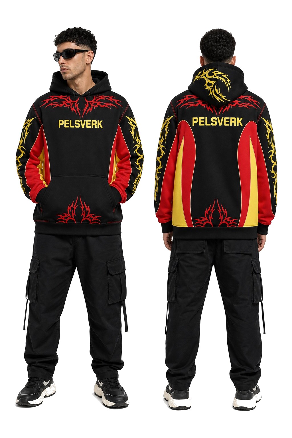 Black, Red, and Yellow Unisex Graphic Pullover Hoodie - Style 17 shown as front and back product views on a clean white catalog background