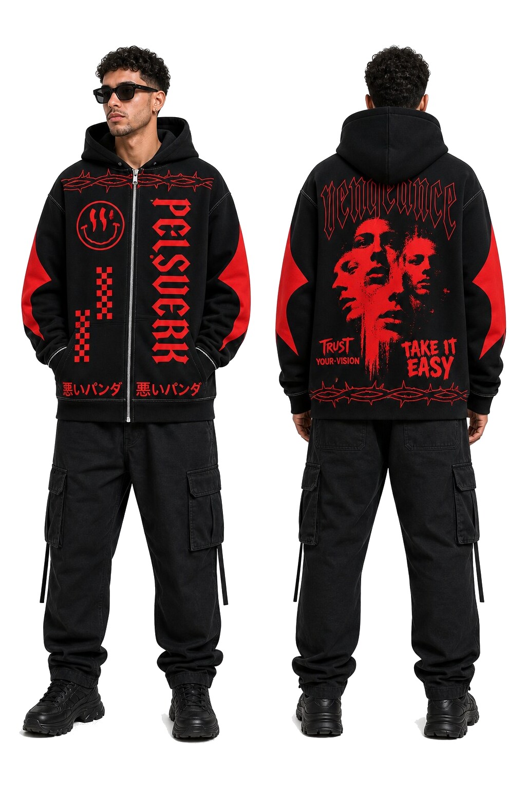 Black and Red Unisex Graphic Zipper Hoodie - Style 11 shown as front and back product views on a clean white catalog background