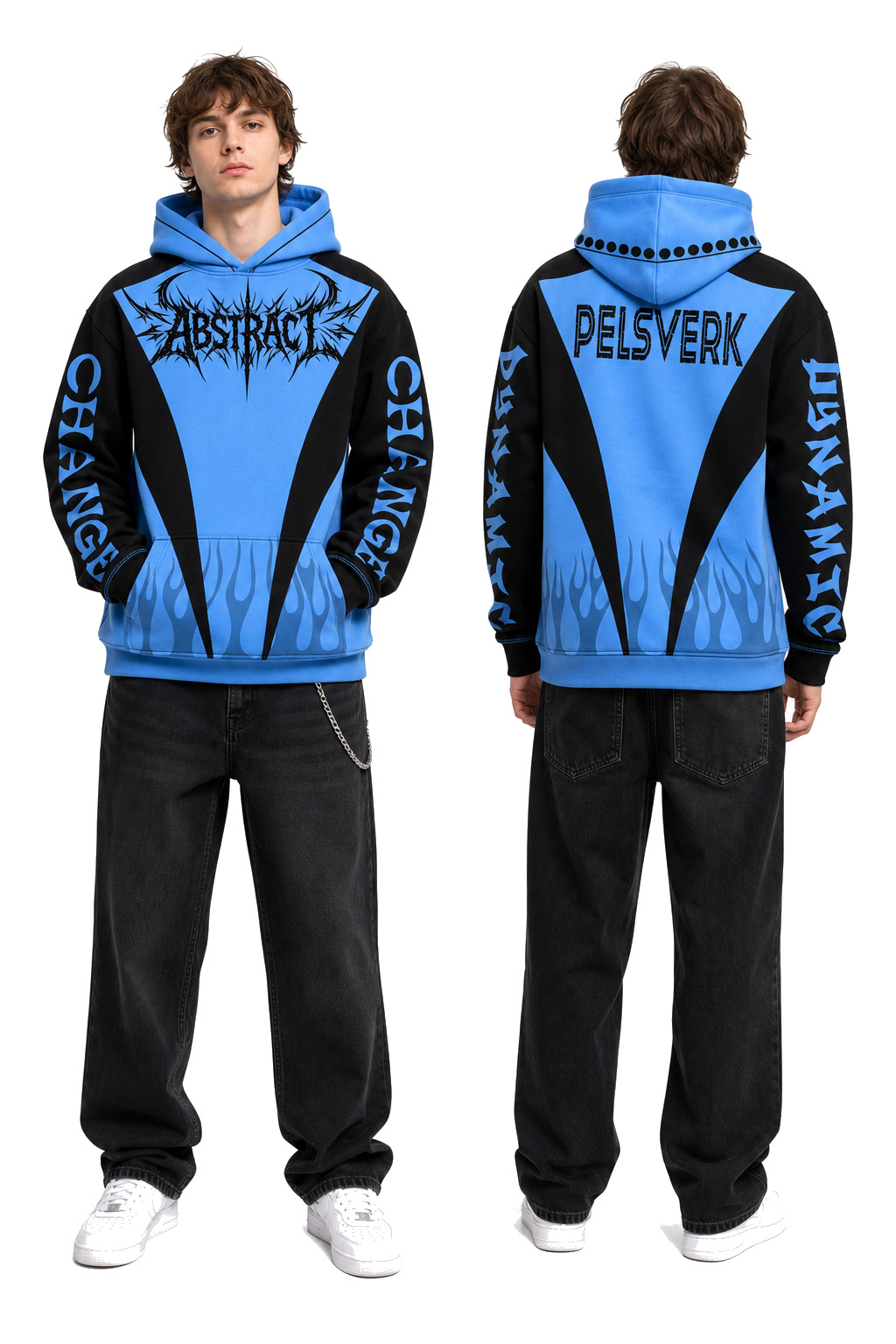 Black, Sky Blue, and Royal Blue Unisex Graphic Pullover Hoodie - Style 16 shown as front and back product views on a clean white catalog background