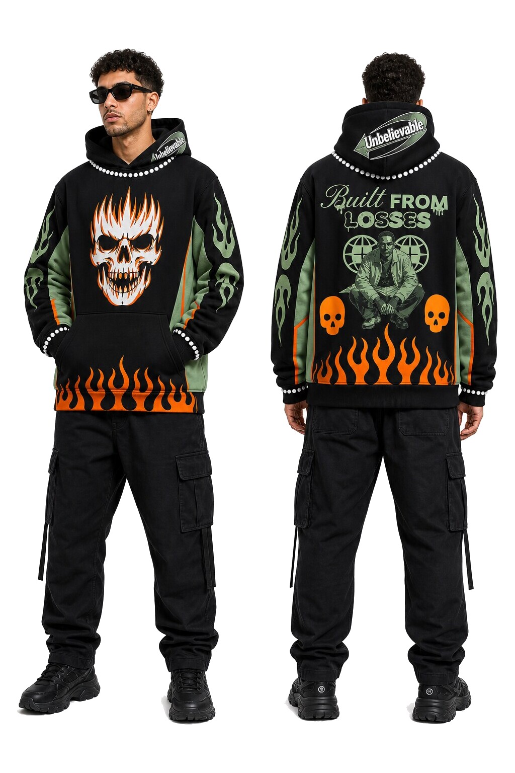 Black, Sky Blue, and Orange Unisex Graphic Pullover Hoodie - Style 21 shown as front and back product views on a clean white catalog background