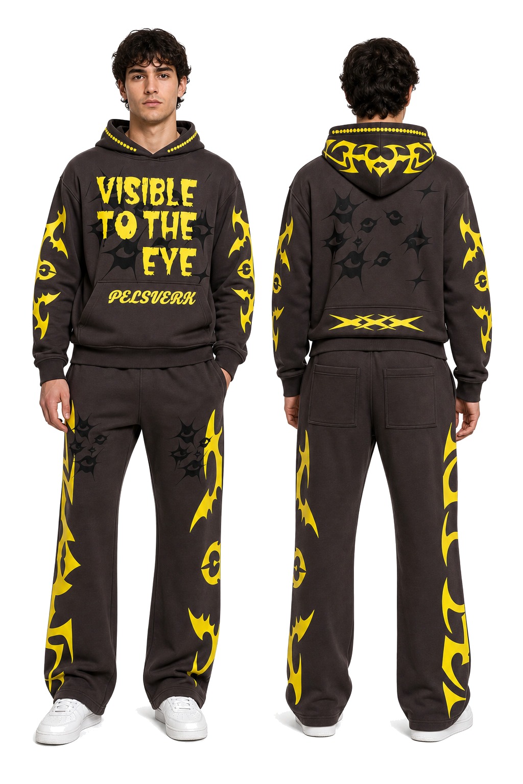 Brown, Navy, and Yellow Streetwear Tracksuit Set - Style 06 shown as front and back product views on a clean white catalog background