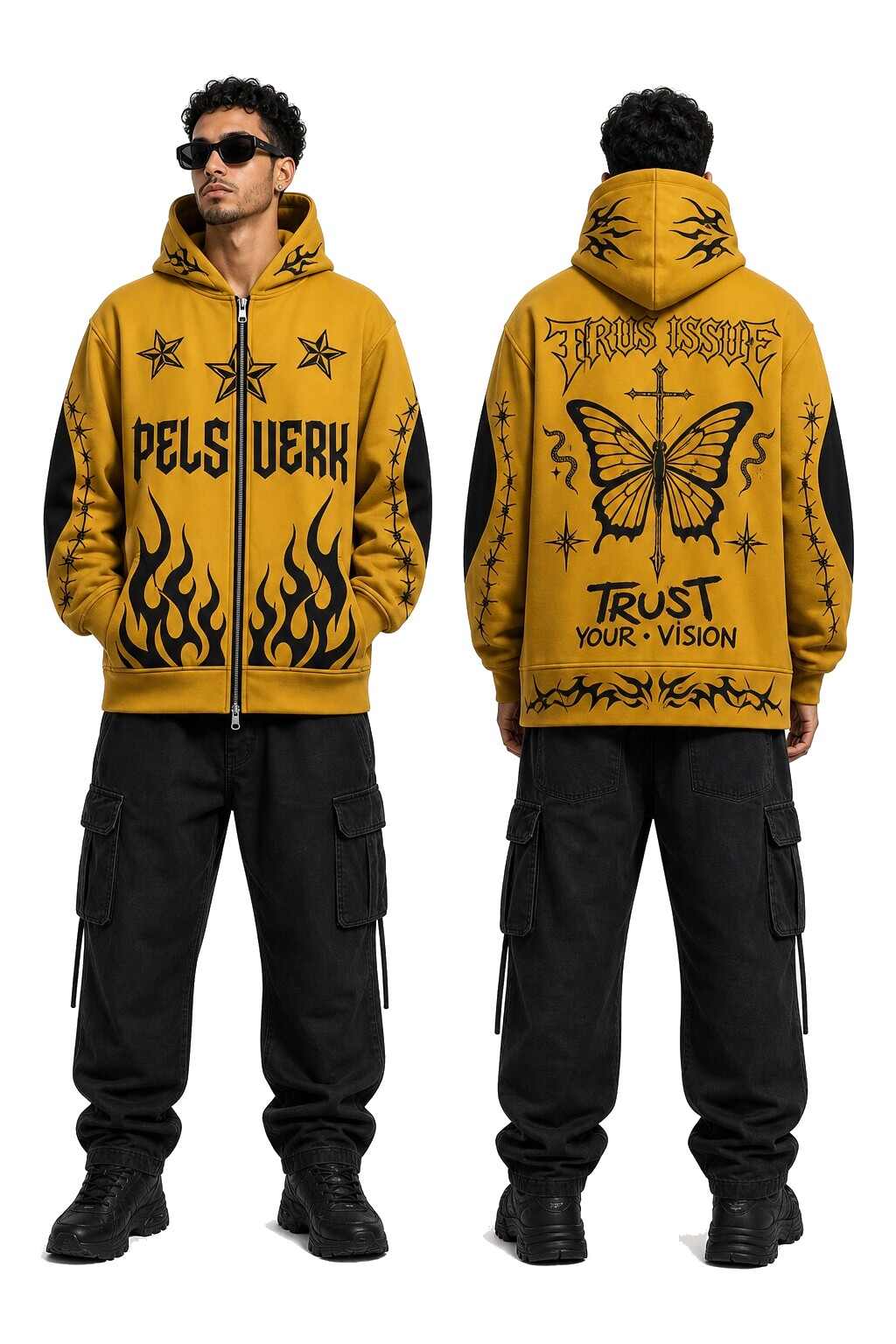 Gold, Black, and Brown Unisex Graphic Zipper Hoodie - Style 23 shown as front and back product views on a clean white catalog background