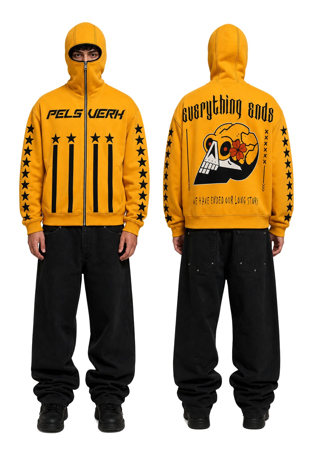 Gold, Black, and Brown Unisex Graphic Zipper Hoodie - Style 32 shown as front and back product views on a clean white catalog background