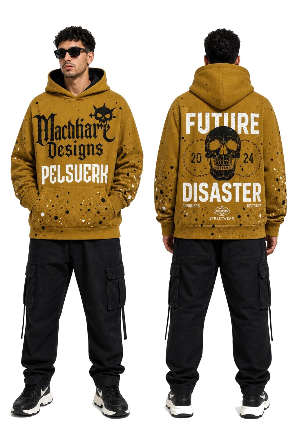 Gold, Brown, and Black Unisex Graphic Pullover Hoodie - Style 22 shown as front and back product views on a clean white catalog background