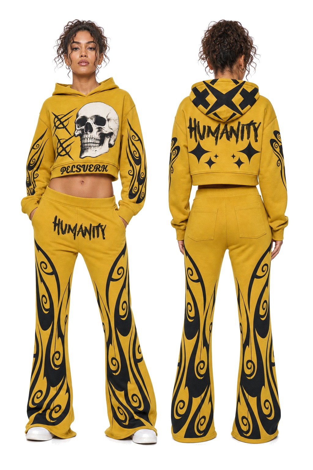 Gold, Brown, and Black Women's Streetwear Tracksuit Set - Style 08 shown as front and back product views on a clean white catalog background