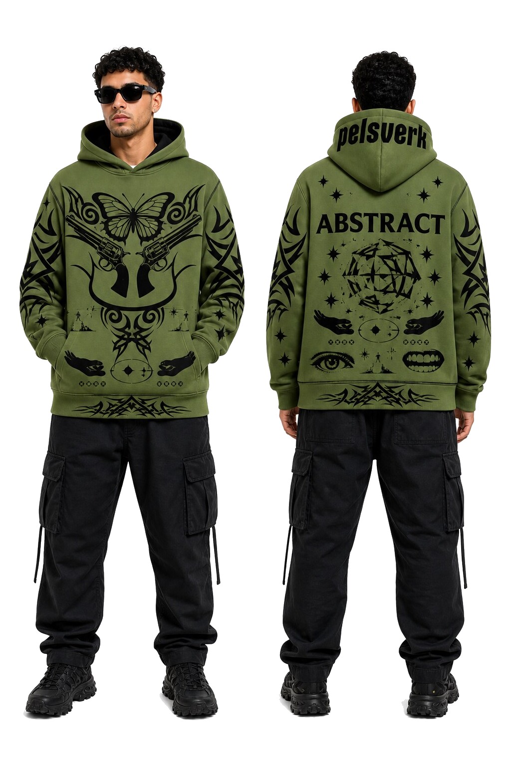 Green, Black, and Forest Green Unisex Graphic Pullover Hoodie - Style 20 shown as front and back product views on a clean white catalog background