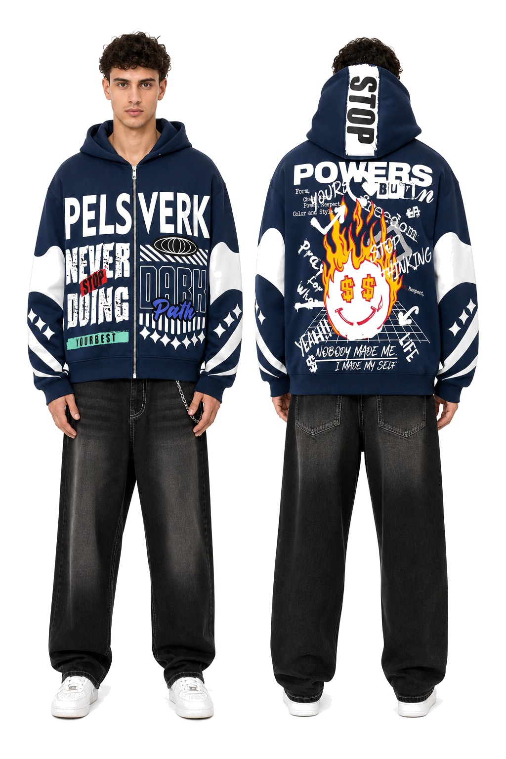 Navy and Royal Blue Unisex Graphic Zipper Hoodie - Style 31 shown as front and back product views on a clean white catalog background