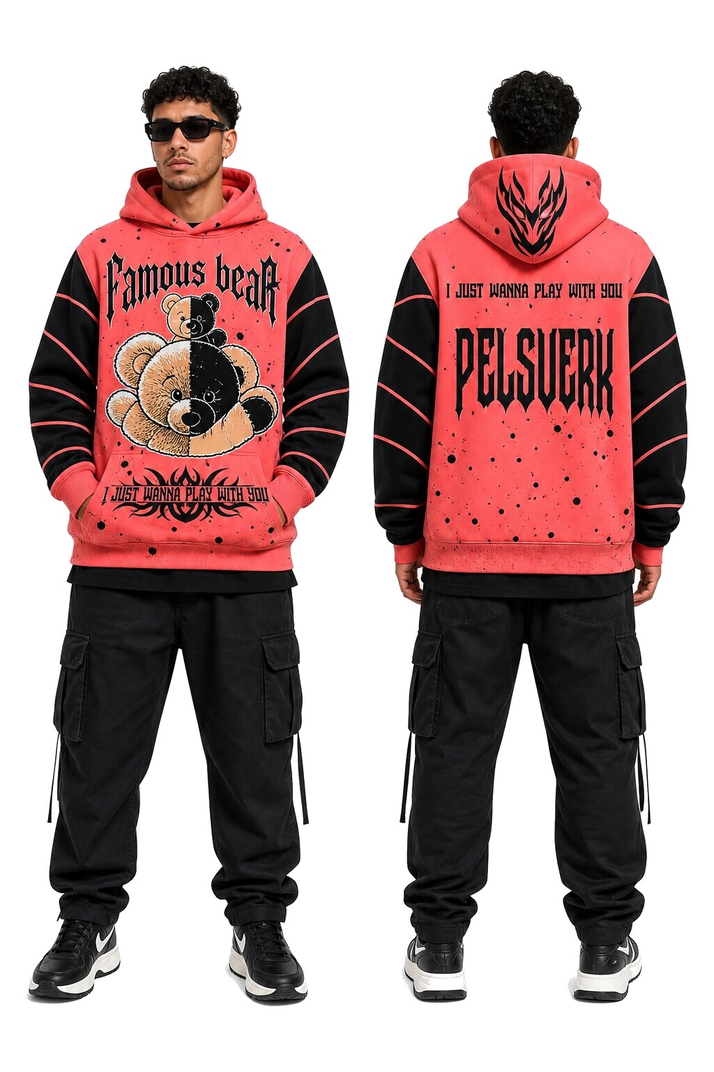 Orange, Black, and Brown Unisex Graphic Pullover Hoodie - Style 19 shown as front and back product views on a clean white catalog background