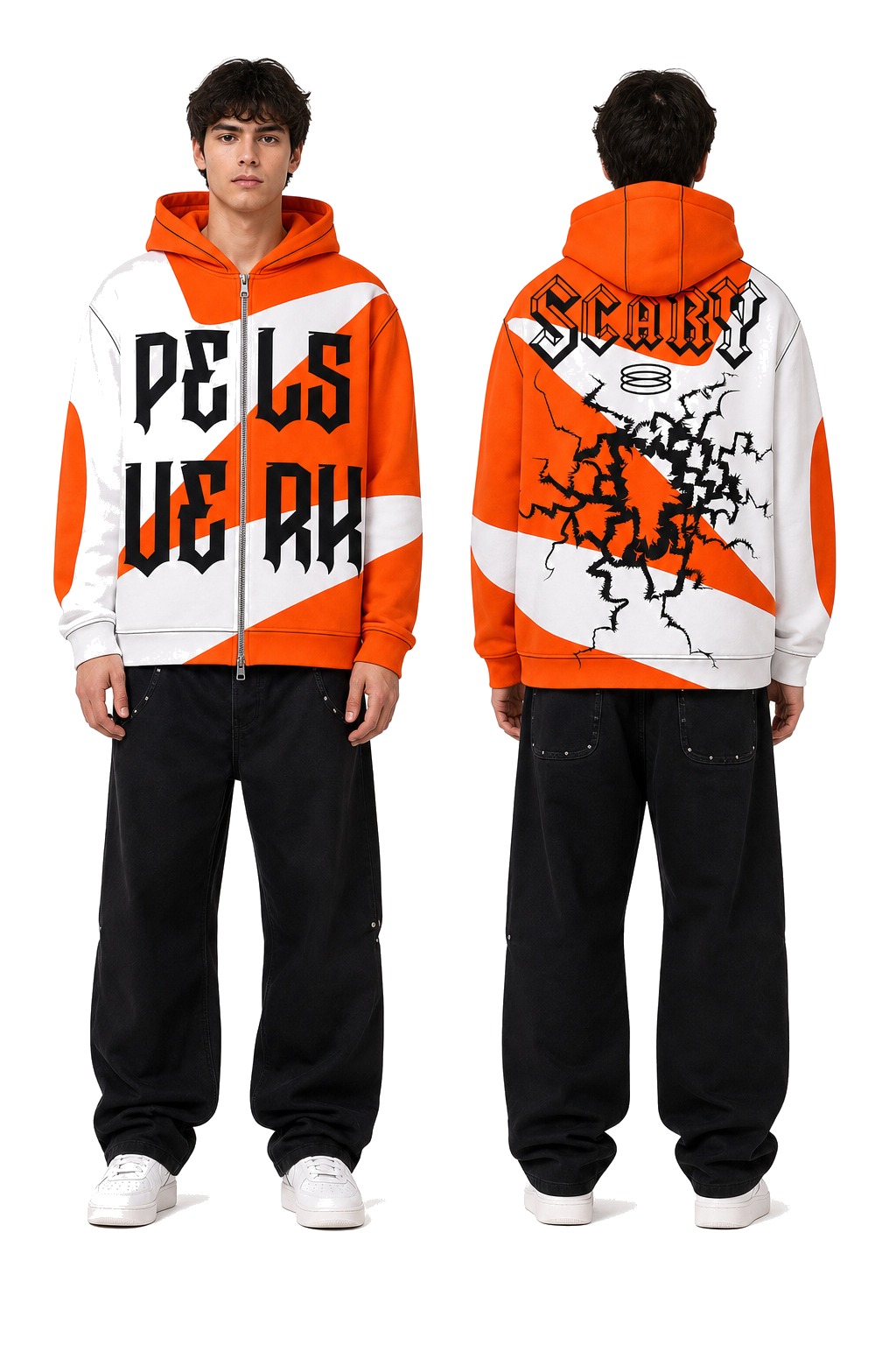 Orange and Black Unisex Graphic Zipper Hoodie - Style 29 shown as front and back product views on a clean white catalog background