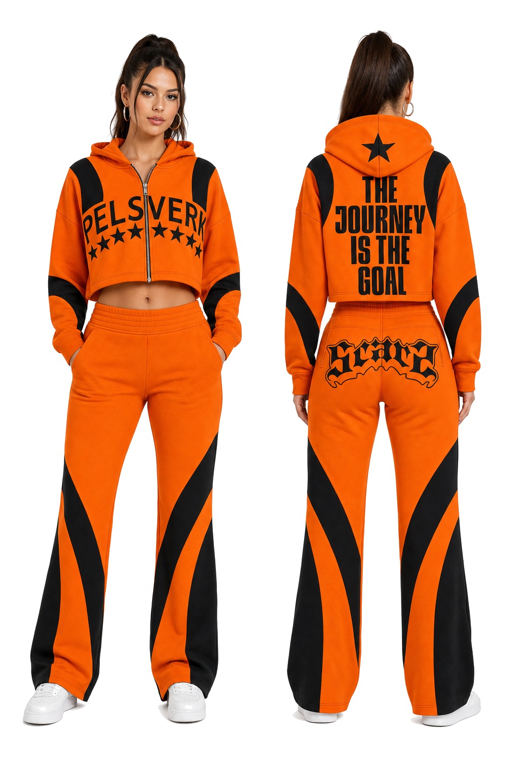 Orange, Black, and Brown Women's Streetwear Tracksuit Set - Style 04 shown as front and back product views on a clean white catalog background