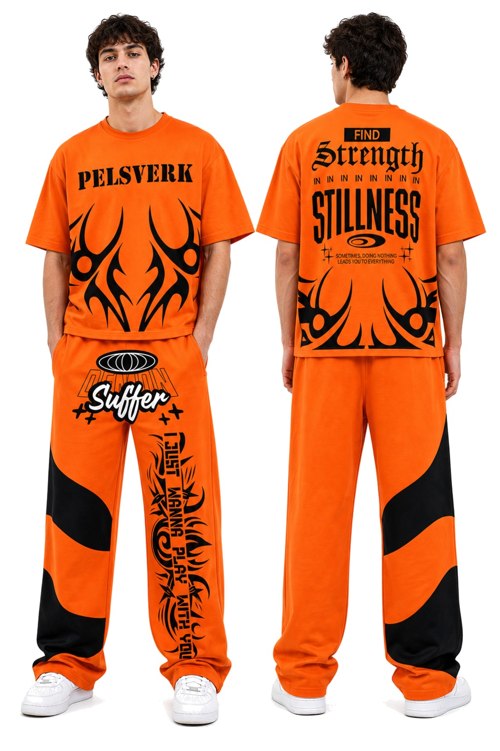 Orange, Black, and Brown Streetwear Tracksuit Set - Style 34 shown as front and back product views on a clean white catalog background