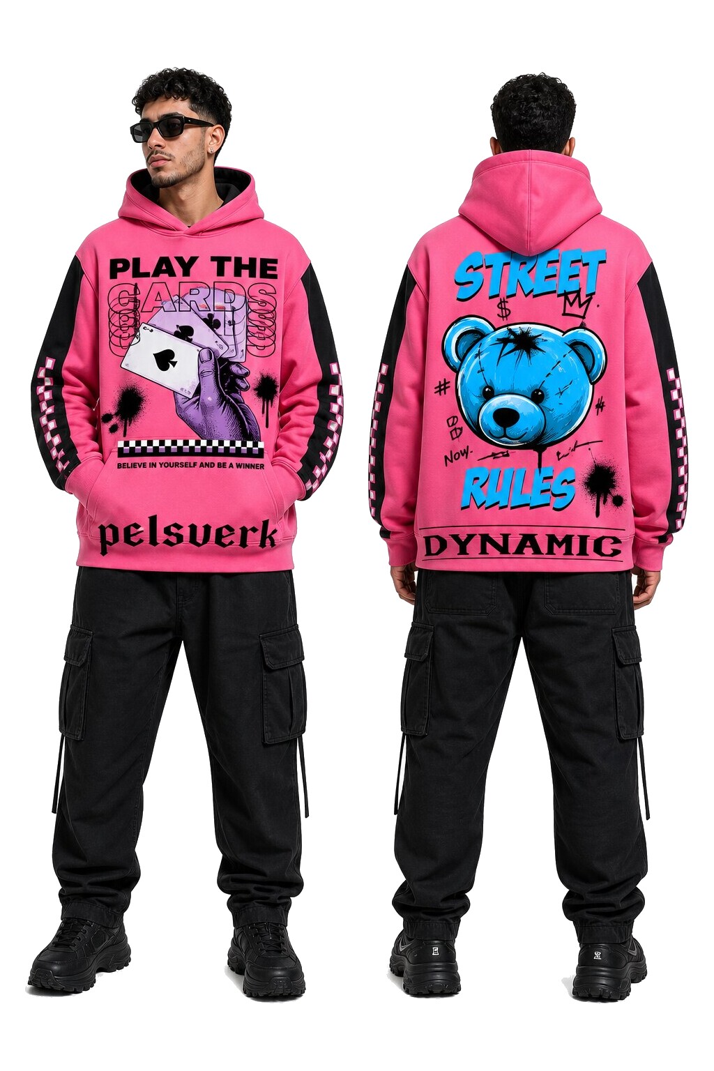 Pink and Black Unisex Graphic Pullover Hoodie - Style 28 shown as front and back product views on a clean white catalog background