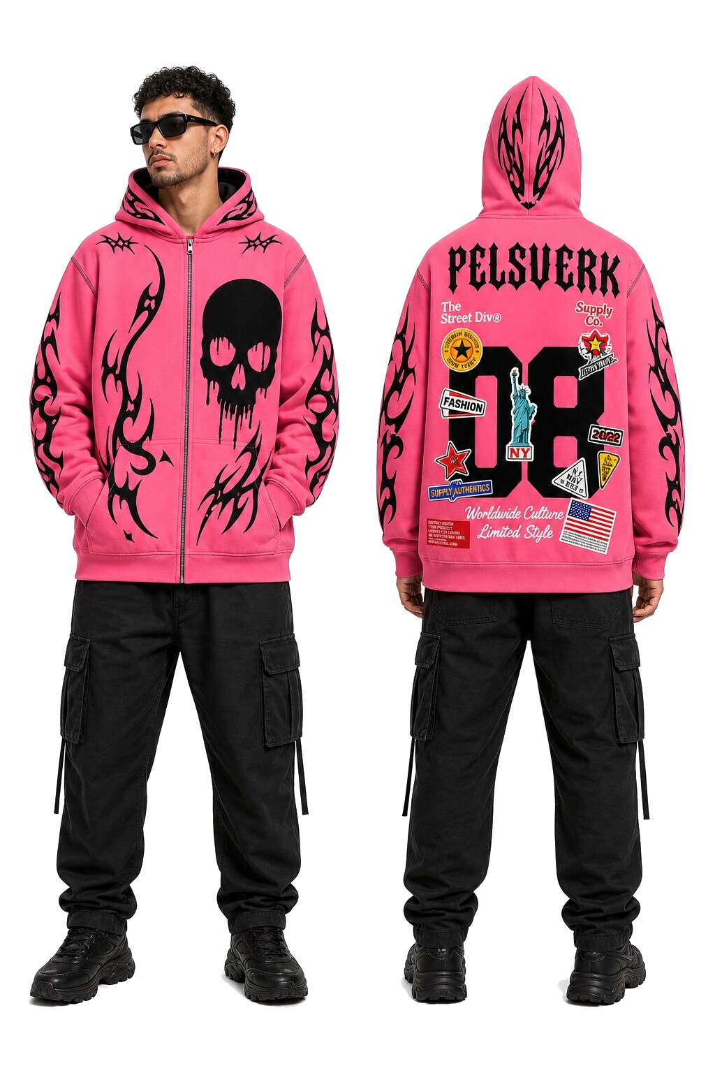 Pink, Black, and Brown Unisex Graphic Zipper Hoodie - Style 10 shown as front and back product views on a clean white catalog background