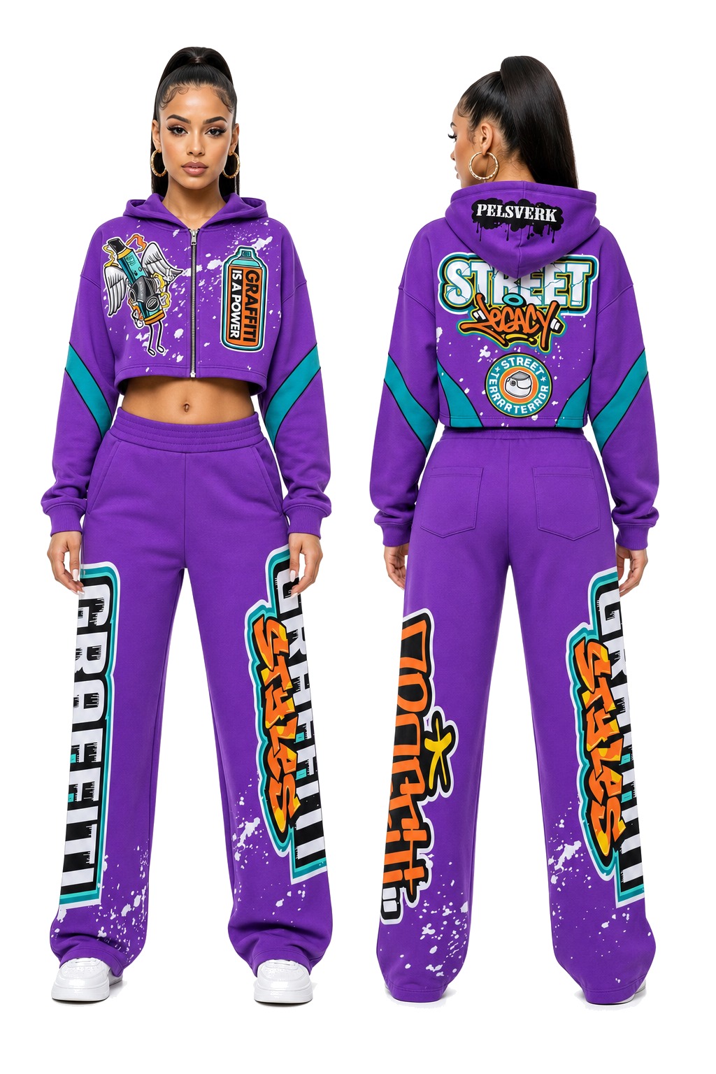 Purple and Pink Women's Streetwear Tracksuit Set - Style 01 shown as front and back product views on a clean white catalog background
