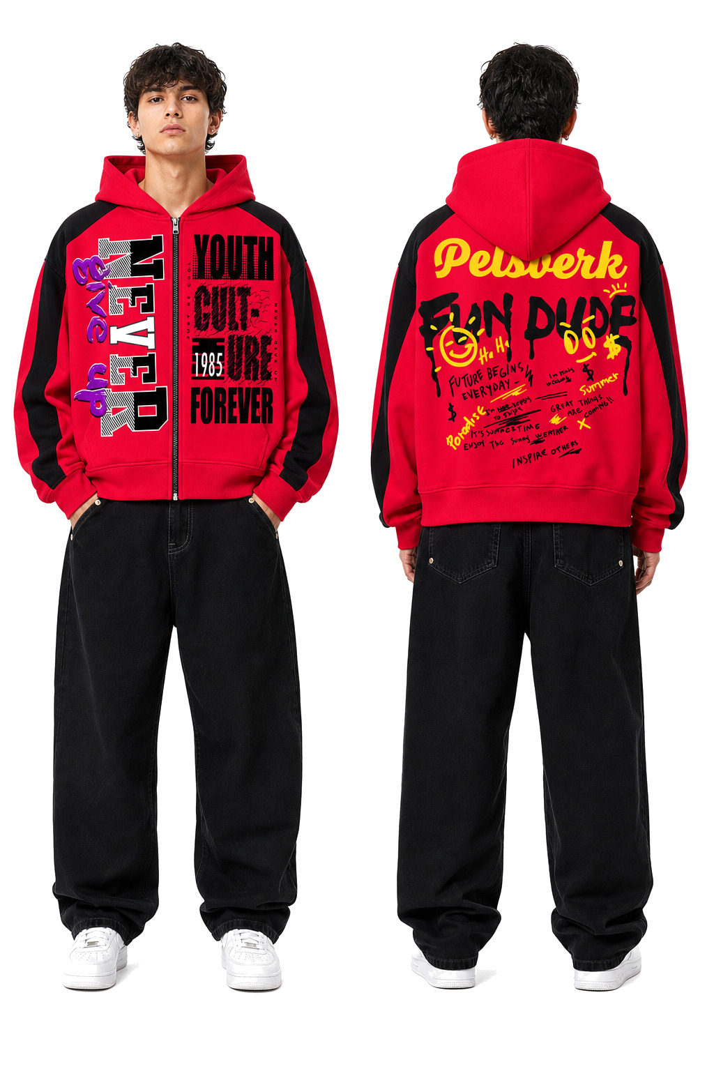 Red and Black Unisex Graphic Zipper Hoodie - Style 25 shown as front and back product views on a clean white catalog background