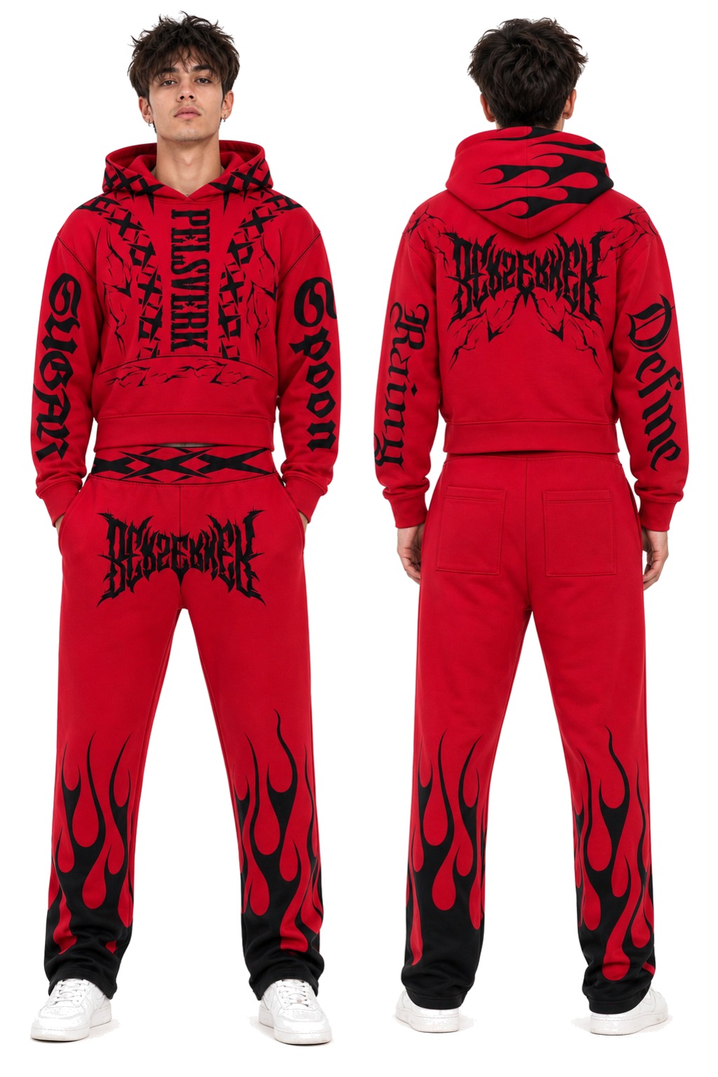Red and Black Streetwear Tracksuit Set - Style 07 shown as front and back product views on a clean white catalog background