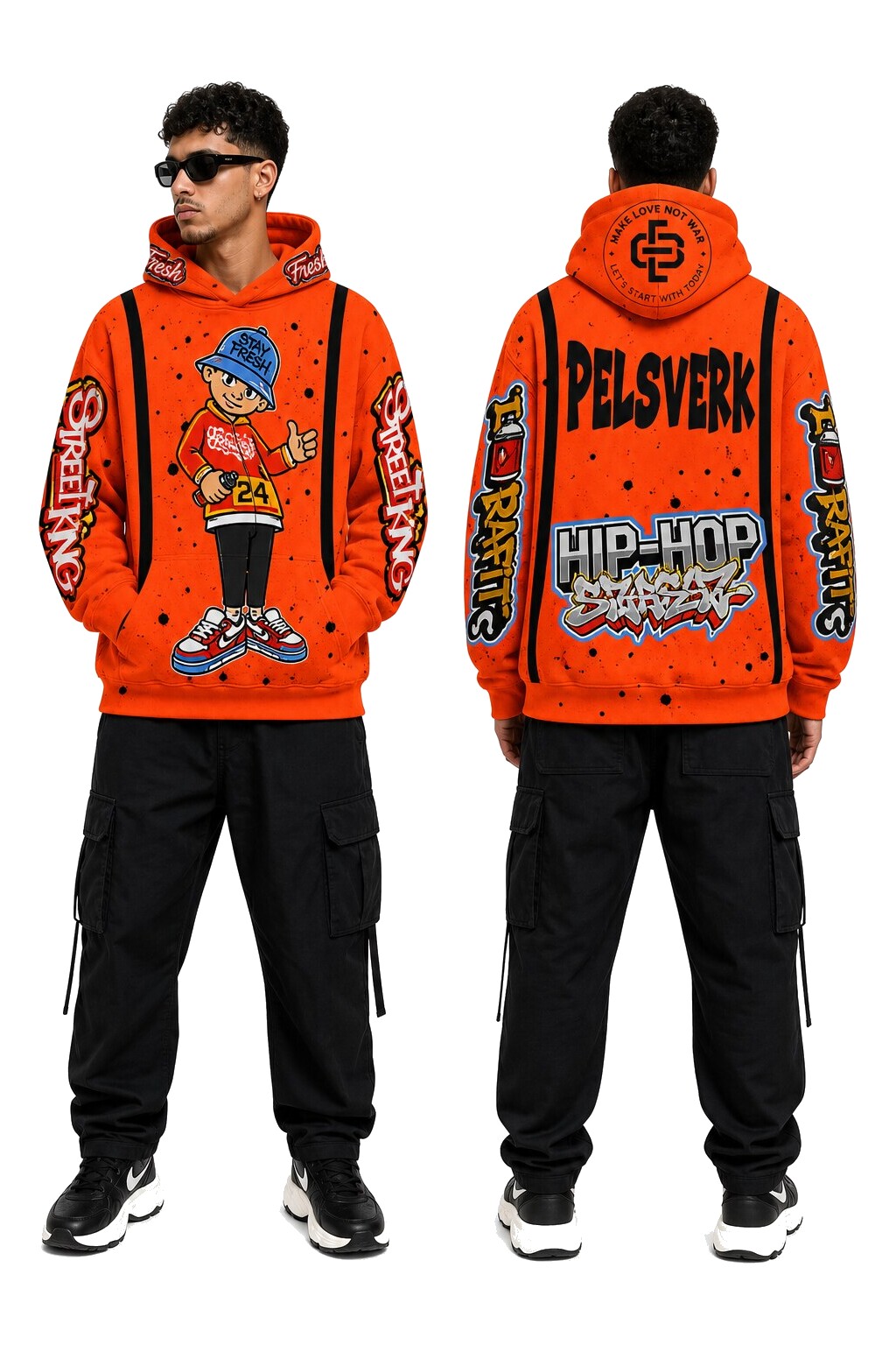 Red, Orange, and Black Unisex Graphic Pullover Hoodie - Style 18 shown as front and back product views on a clean white catalog background