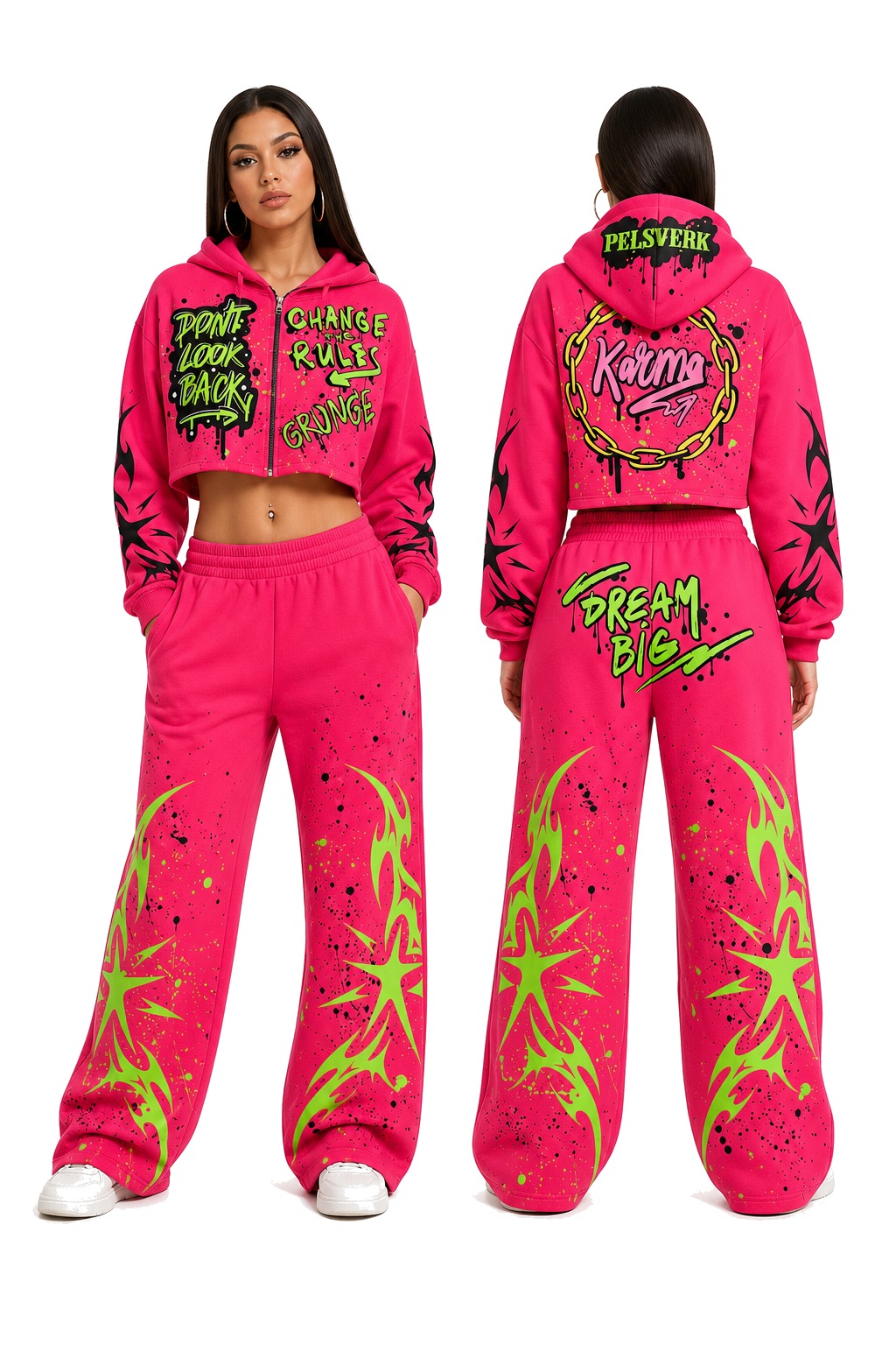 Red and Pink Women's Streetwear Tracksuit Set - Style 02 shown as front and back product views on a clean white catalog background
