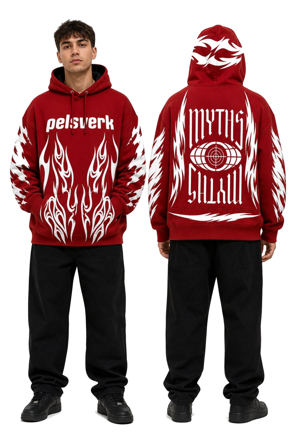 Red and Orange Unisex Graphic Pullover Hoodie - Style 09 shown as front and back product views on a clean white catalog background