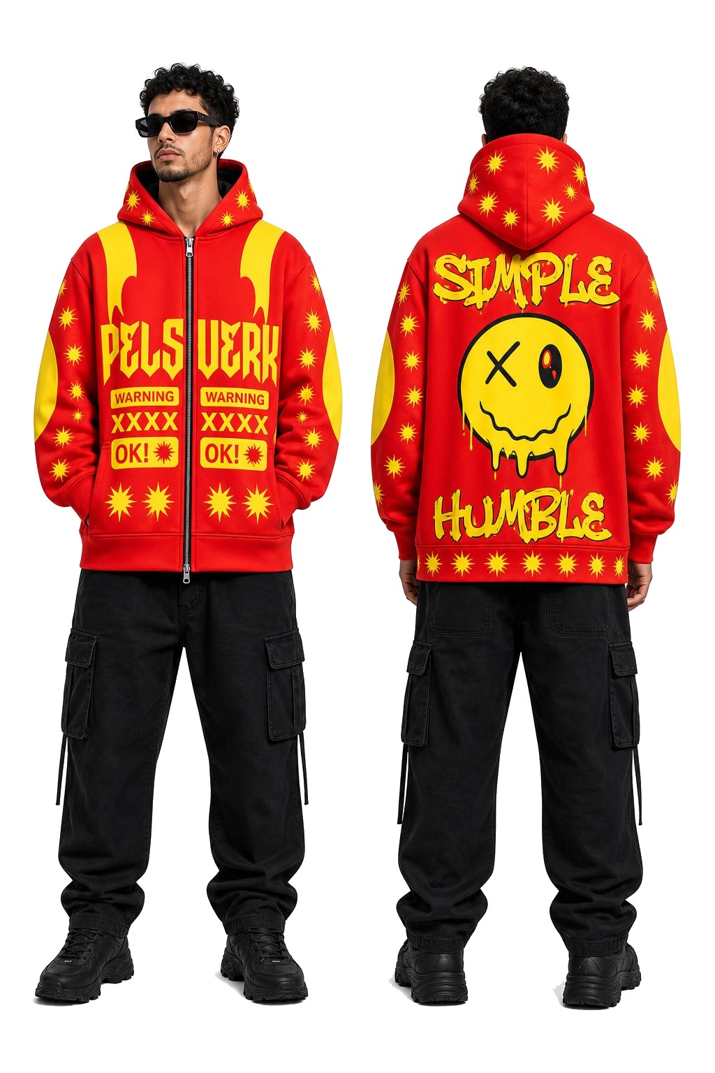 Red, Yellow, and Orange Unisex Graphic Zipper Hoodie - Style 15 shown as front and back product views on a clean white catalog background