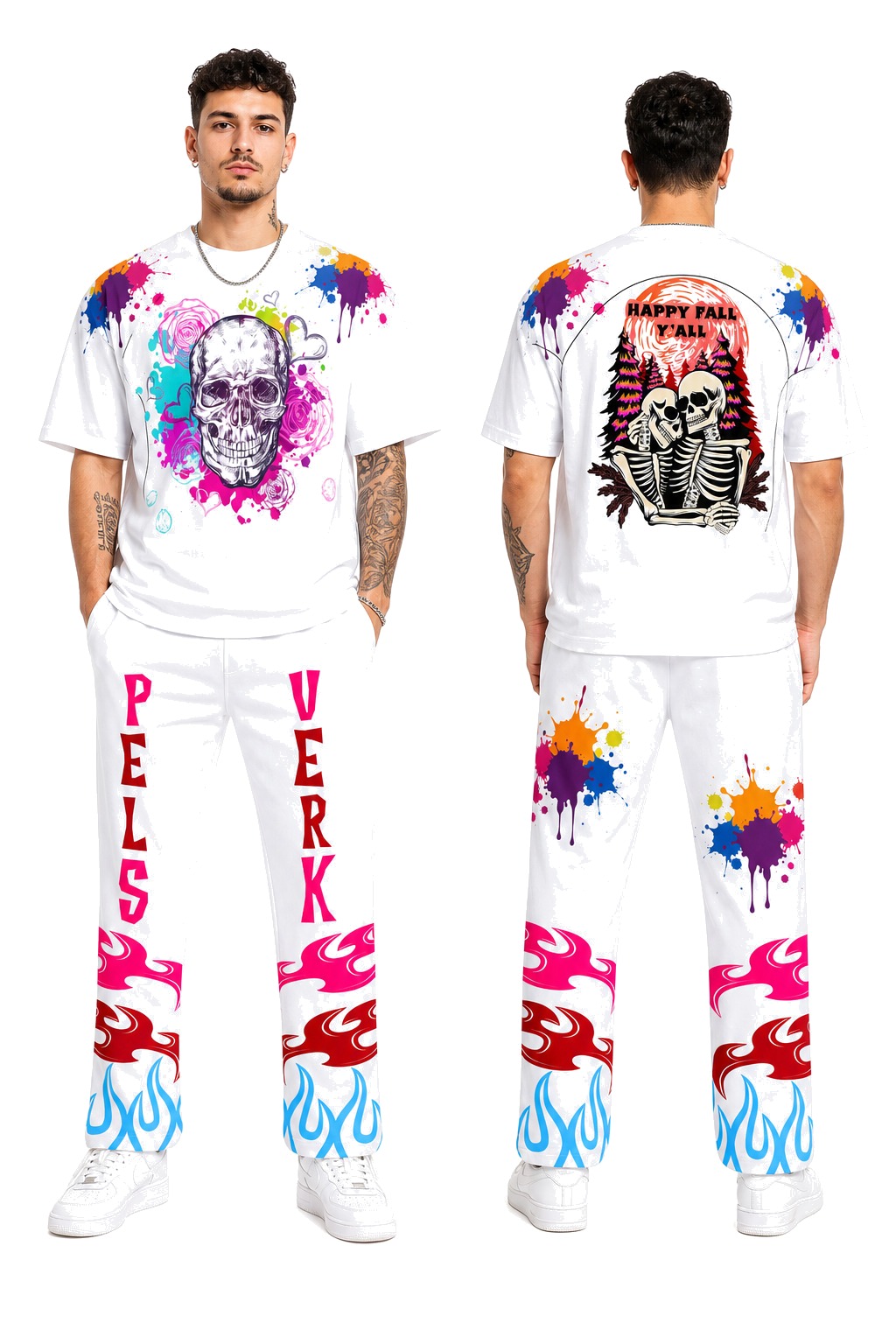 Pink and Sky Blue Streetwear Tracksuit Set - Style 36 shown as front and back product views on a clean white catalog background