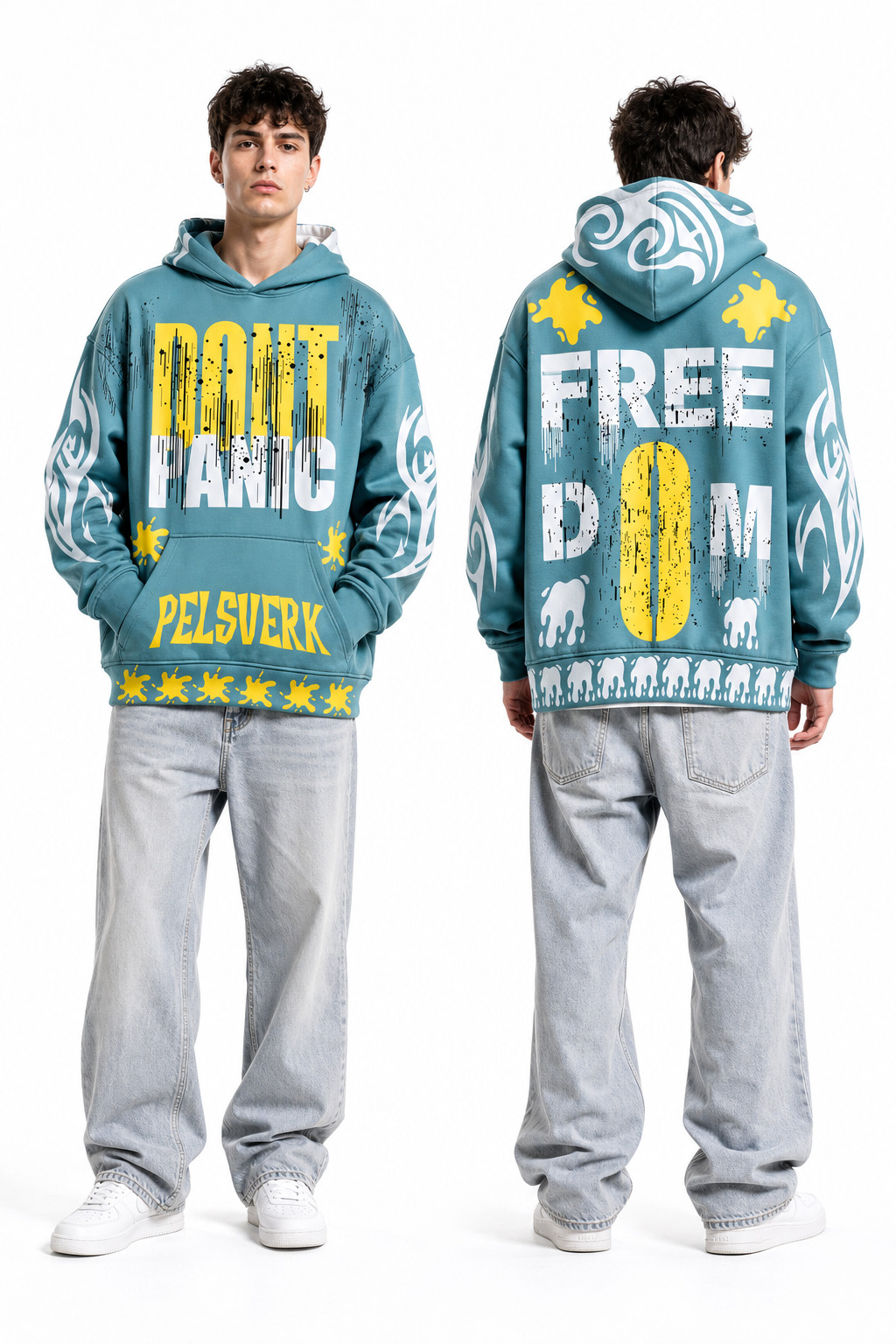 Yellow and Sky Blue Unisex Graphic Pullover Hoodie - Style 13 shown as front and back product views on a clean white catalog background
