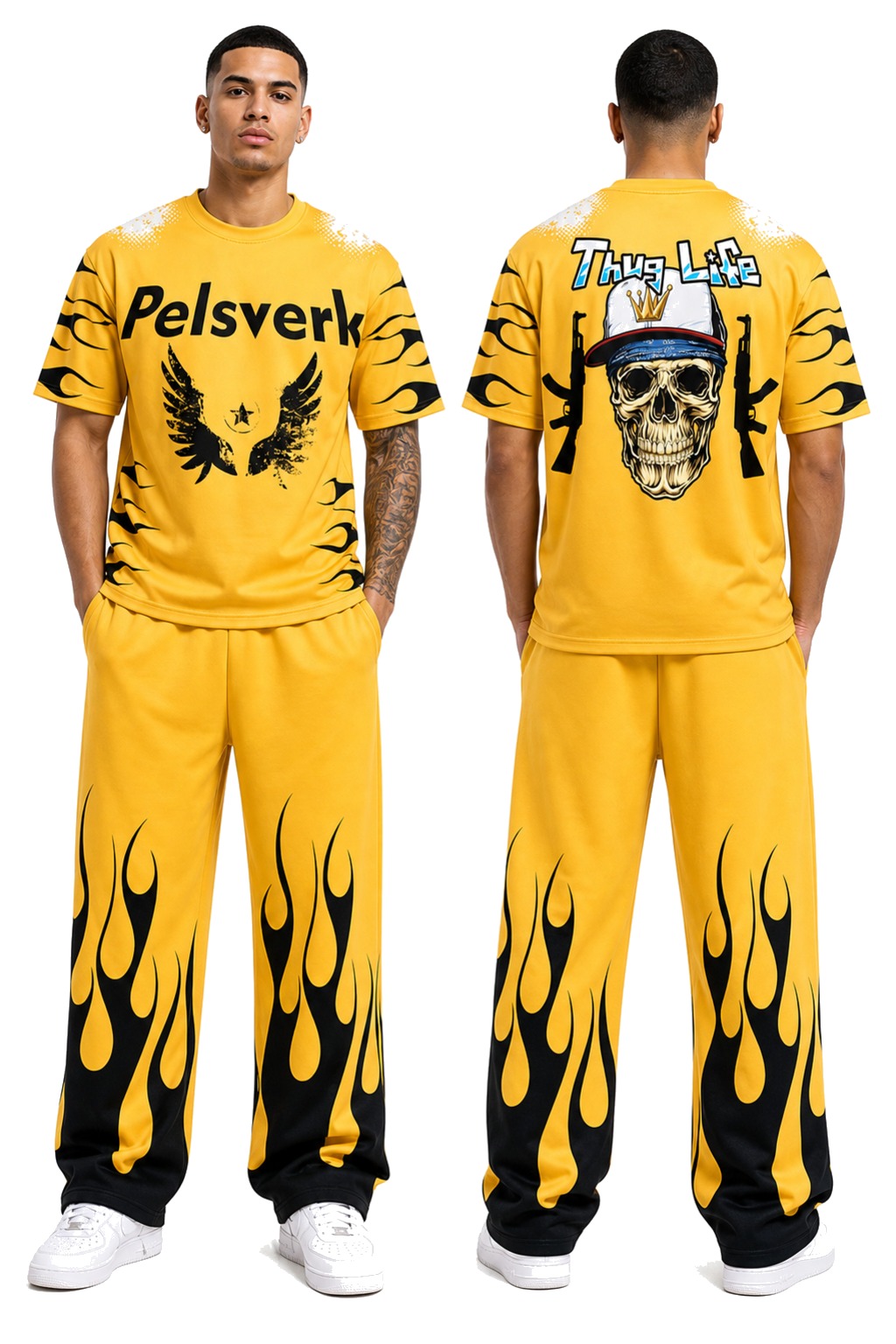 Yellow, Gold, and Black Streetwear Tracksuit Set - Style 35 shown as front and back product views on a clean white catalog background