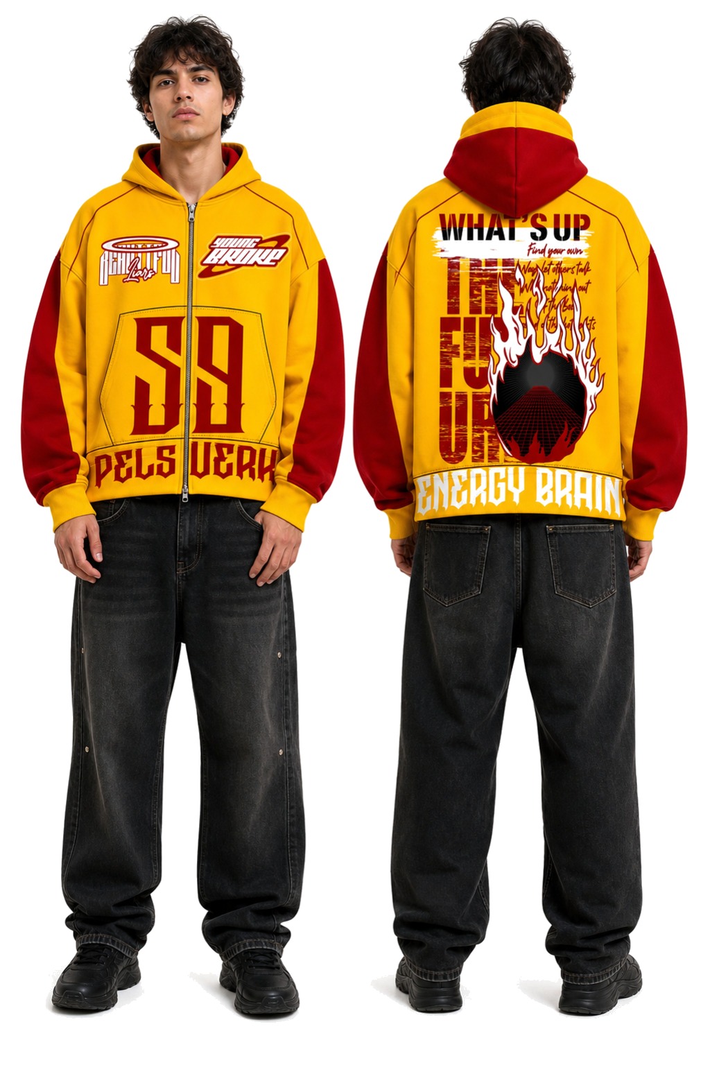 Yellow, Red, and Gold Unisex Graphic Zipper Hoodie - Style 26 shown as front and back product views on a clean white catalog background
