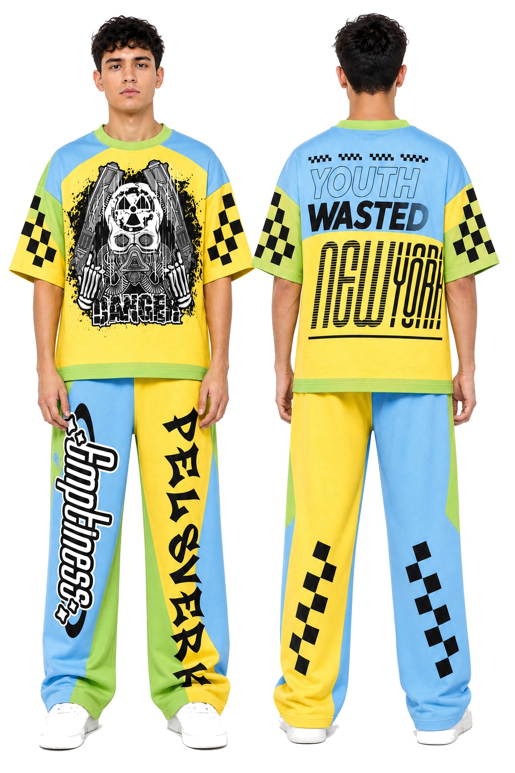 Yellow, Sky Blue, and Green Streetwear Tracksuit Set - Style 33 shown as front and back product views on a clean white catalog background